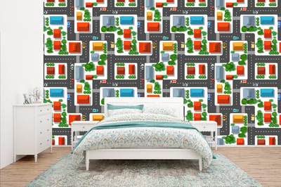 Behang - Fotobehang Patronen - Auto - Huis - Jongens - Kinderen - Kids - Breedte 400 cm x hoogte 240 cm