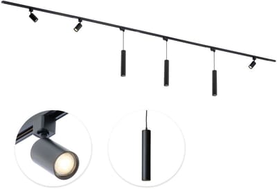 Qub Focus Railverlichting - Zwart - 400 cm - I-Vorm - 4 Spots & 3 Hanglampen - Dimbaar - Complete Set