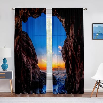 Natuurlijke Grot Tropische Oceaan Tule Gordijnen voor Woonkamer Slaapkamer Huisdecoratie Keukenraam Transparante Voile Gordijnen Chiffon Draperieën 1 PCS W100XH250cm&Grommet Top