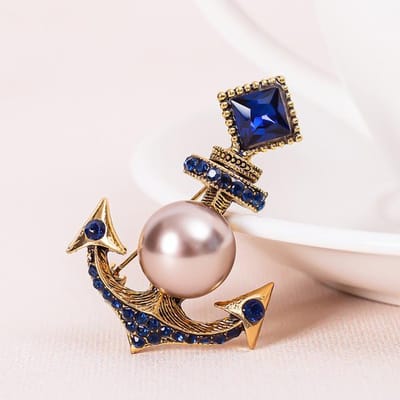 Retro Kristal Parel Anker Broche Spelden Strass Steentjes Vest Trui Reversspeld Luxulry Sieraden Broches Voor Vrouwen Accessoires blauw