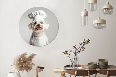 WallCircle - Wandcirkel - Muurcirkel - Hond - Wit - Kok - Aluminium - Dibond - 90x90 cm - Binnen en Buiten