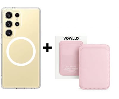 VOWLUX Compatible MagSafe Hoesje voor Samsung Galaxy S25 Ultra Transparant – Inclusief Roze Wallet Pasjeshouder – 24 Magneten – Kunstleer – 3 Kaarten – Shockproof Case
