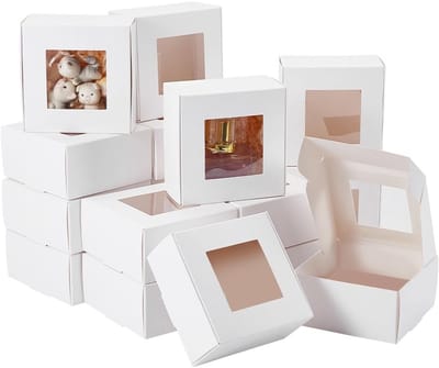 Dailygoods- Geschenkdozen met doorzichtig venster - 28 stuks - 6,5 x 6,5 x 3 cm - Kraftpapier - Geschenkverpakking voor dessert/cake/snoep - Verpakkingen