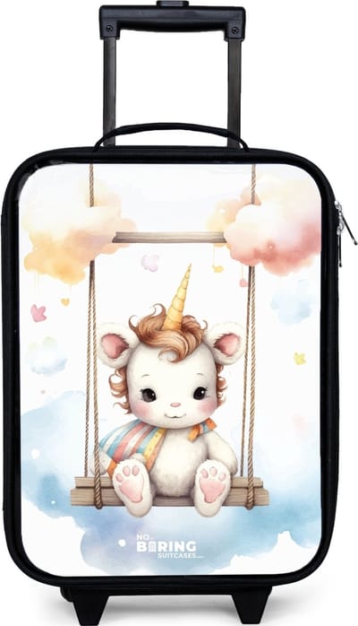 NoBoringSuitcases.com® - Kinderkoffer jongen - Kindertrolley meisje - Schommelende baby eenhoorn - Koffer kind lichtgewicht - Reiskoffer trolley voor kinderen - Koffertje met lichtgevende wieltjes - Rolkoffer zwart