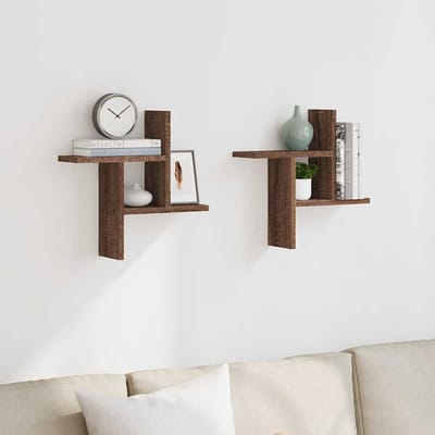 vidaXL - Wandschappen - 2 - st - 38x12x38 - cm - bewerkt - hout - bruin - eikenkleurig