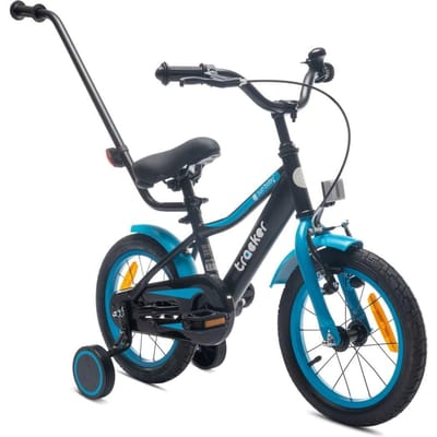 Tracker Bike Kinderfiets voor jongens 14 inch Blauw neon, leeftijd 3 tot 5 jaar, met zijwieltjes, duwstang, handrem)