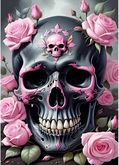 Skeleton Diamond Painting kits voor beginners en volwassenen, doe-het-zelf schilderij met roos, bloemen, diamant kunst, ronde volledige boor, schedel diamond painting, 30 x 40 cm