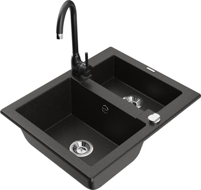 Mexen Carlos granieten gootsteen 1,5-kamer met keukenkraan Telma, zwart/gouden metallic - 6518-75-670200-70