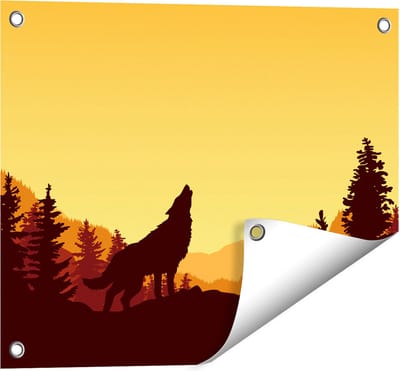Gards Tuinposter Silhouet van een Wolf in het Bos - Abstract - 50x40 cm - Tuindoek - Tuindecoratie - Wanddecoratie buiten - Tuinschilderij