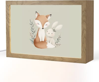 Nachtlampje 30x20 cm - Kinder lampje - Illustratie - Vos - Konijn - Bladeren - Tafellamp kinderkamer - Slaapkamer lamp - Bedlamp kinderen - Kinderlampje stopcontact - Wandlamp babykamer - Nachtlampjes