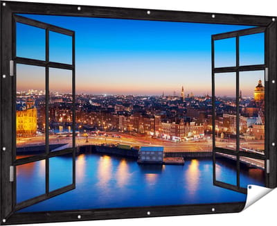 Gards Tuinposter Doorkijk Amsterdam Centrum in de Nacht - 180x120 cm - Tuindoek - Tuindecoratie - Wanddecoratie buiten - Tuinschilderij