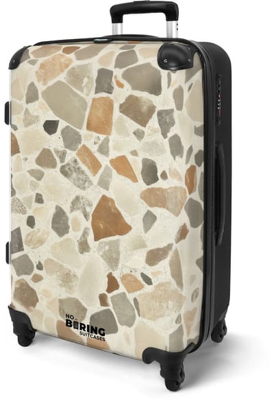 NoBoringSuitcases.com® - Koffer groot - Rolkoffer lichtgewicht - Beige - Grijs terazzo - Reiskoffer met 4 wielen - Grote reis trolley XL - Luggage suitcase - Hardcase reistrolley medium - 20 kg bagage