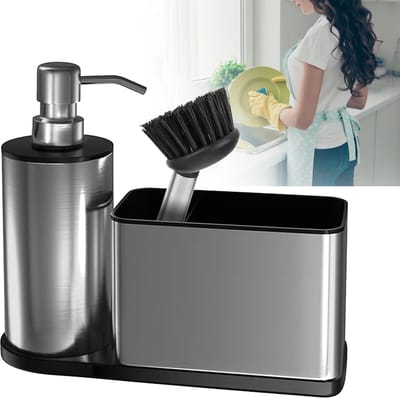 Keukenzeepdispenser Set - Roestvrijstalen Afwasmiddeldispenser Met Houder - Keukenorganizer Met Afwasborstel