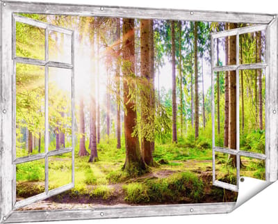 Gards Tuinposter Doorkijk Bos met Zon tussen de Bomen - 150x100 cm - Tuindoek - Tuindecoratie - Wanddecoratie buiten - Tuinschilderij