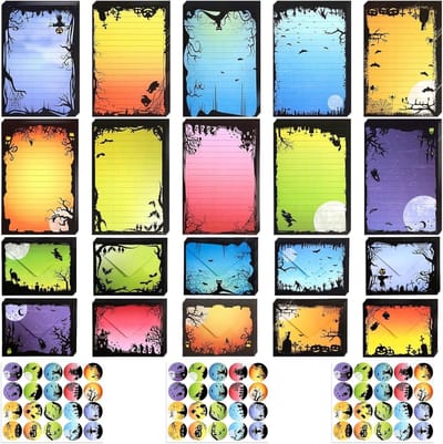 Halloween Enveloppen Set - 50 Stuks met 10 Ontwerpen, Happy Halloween Wenskaarten, Stickers, Spookachtige Groeten