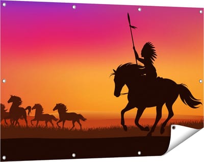 Gards Tuinposter Silhouet van een Indiaan op een Paard - 120x80 cm - Tuindoek - Tuindecoratie - Wanddecoratie buiten - Tuinschilderij