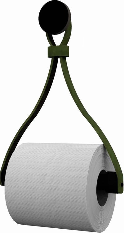 Leren toiletrolhouder 'Triangle' - met Zuignap én schroef - Handles and more® | KAKI - roldrager: Zwart rondhout - knop: Zwart