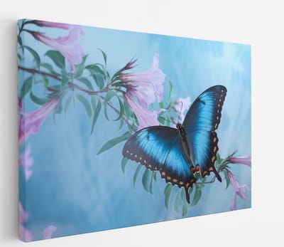 Saammp Canvas Schilderij - Vlinder op roze bloem - Abstract - Dieren - Natuur - 30x20 - Foto op canvas - Wanddecoratie - muurdecoratie Woonkamer - Slaapkamer decoratie - Canvas Print