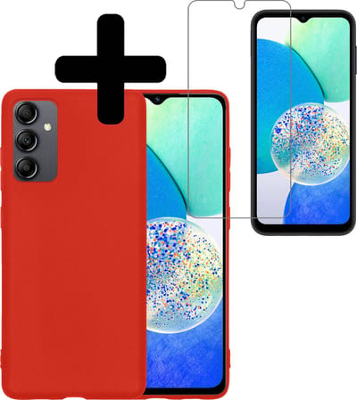 Hoesje - Met Screenprotector - Geschikt voor Samsung Galaxy A14 - Sterk & Shockproof - Back Cover - Siliconen Case - Telefoon Hoes - Telefoonhoesjes - Rood