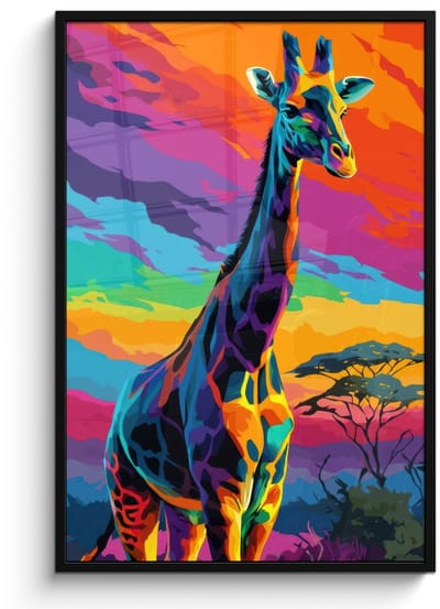 Poster in lijst - Fotolijst 80x120 cm - Posters - Giraffe - Savanna - Lucht - Gekleurd - Posterlijst zwart - Decoratie - Wanddecoratie woonkamer - Muurdecoratie slaapkamer