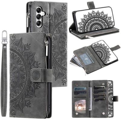 Telefoonhoesje geschikt voor Samsung Galaxy A57 5G - Portemonnee met rits - book-case hoesje - ruimte voor 8 pasjes - mandala grijs