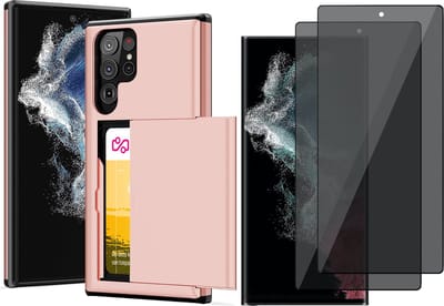 Hoesje met Pasjeshouder geschikt voor Samsung Galaxy S23 Ultra - 2x Privacy Screen Protector FullGuard - Back Cover SlideCase Roségoud & Screenprotector