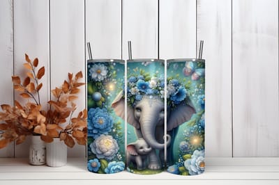 Thermosbeker Olifant met blauwe bloemen - 600 ml RVS Tumbler met Rietje - Cadeau - Schoolbeker - Antilek dop - Vaatwasserbestendig - Werkbeker - To go beker - Zomaar