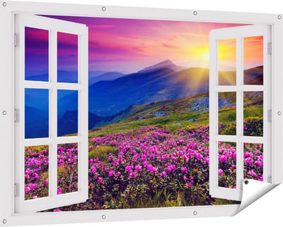 Gards Tuinposter Doorkijk Roze Rhododendron Bloemenveld - Bergen - 150x100 cm - Tuindoek - Tuindecoratie - Wanddecoratie buiten - Tuinschilderij