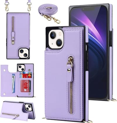 Casemania Hoesje Geschikt voor Apple iPhone 15 Plus - Paars - Luxe Back Cover met Koord / Rits - Wallet Case met Pasjeshouder - Lanyard Telefoonhoes - Cord Case