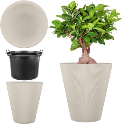 KADAX plantenbak Ø 29,5 x H 32,5 cm, moderne bloembak met binnenpot & geribbeld design, grote plantenpot van kunststof (crème)