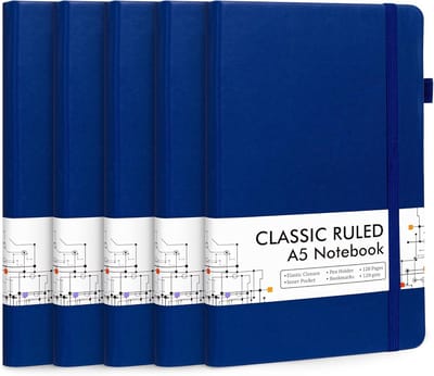 Notitieboek Set - Schrijfblok Agenda - Notities Maken - Hardcover Met Penhouder - A5 5 Stuks - Marineblauw