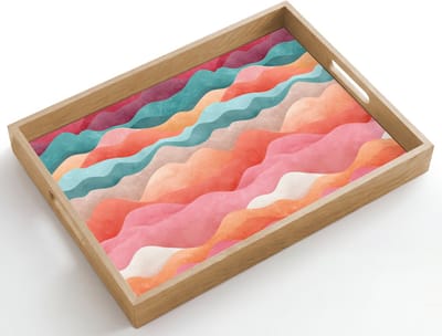 Dienblad hout 50x35 cm - Schootdienblad - Golven - Kleurrijk - Abstract - Borrelplank rechthoek - Plateau dienbladen