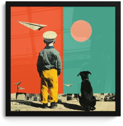 Poster in lijst - Fotolijst 40x40 cm - Posters - Retro - Jongen - Hond - Rood - Groen - Posterlijst zwart - Decoratie - Wanddecoratie woonkamer - Muurdecoratie slaapkamer