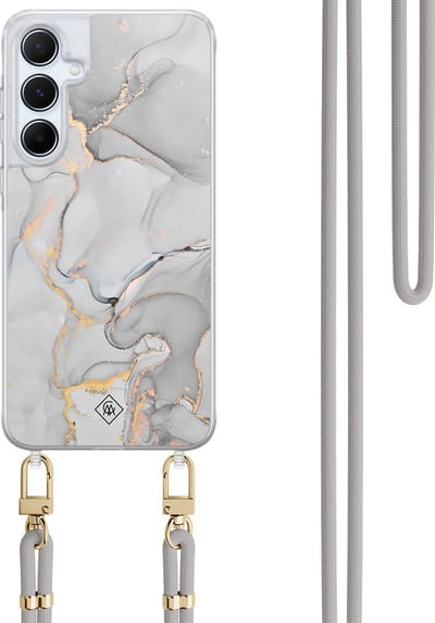 Casimoda® hoesje met koord - Geschikt voor Samsung A55 - Marmer Grijs - Afneembaar koord - TPU/polycarbonaat - Grijs