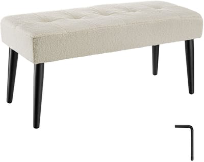 tectake® Gestoffeerd Bankje - 95 x 38 x 45 cm - Stikpatroon - Draagkracht 220 kg - Zitbank - Halbank - Bank voor Woonkamer, Slaapkamer, Bedeinde - Bouclé Crème