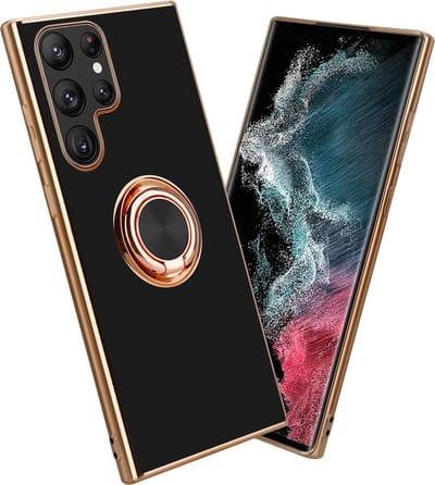 Cadorabo Hoesje geschikt voor Samsung Galaxy S22 ULTRA in Glossy Zwart - Goud met ring - Beschermhoes van flexibel TPU-silicone Case Cover met camerabescherming en magnetische autohouder