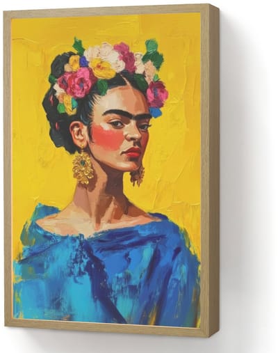 Wandlamp 40x60 cm - Oplaadbaar - Frida Kahlo - Vrouw - Geel - Blauw - Bloemen - Wandlampen binnen woonkamer - Slaapkamer lamp - Decoratieve nachtlamp - Vloerlamp draadloos