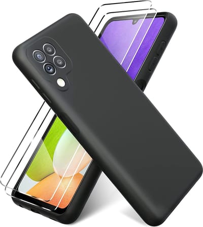 HB Hoesje en Glas Geschikt voor Samsung Galaxy A22 4G - Zwart/ 2 Glazen Screenprotector - Siliconen Back Cover