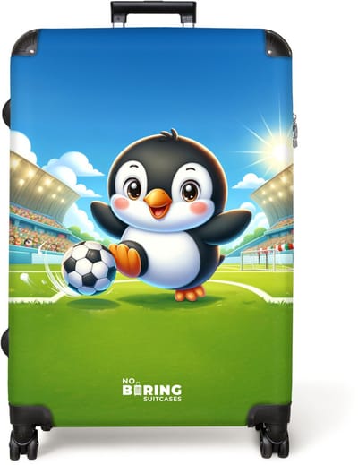 NoBoringSuitcases.com® - Koffer groot - Reiskoffer lichtgewicht - Pinguïn met voetbal in een stadion - Rolkoffer met 4 wielen - Grote trolley XL - 98 liter bagage