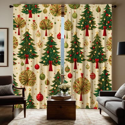 2-delige installatie HD kerstboom hangende bal decoratief gordijn Groene stropdas digitaal bedrukt gordijn Huisdecoratie stijl D W52H63inchW132H160cm black