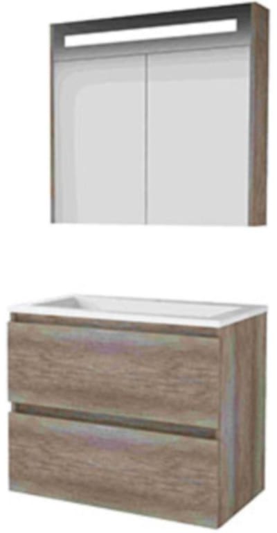 Basic-Line Premium 46 Badkamermeubelset - 80 x 46 cm - Greeploos - 2 Lades - Acryl Wastafel - 1 Kraangat - Spiegelkast met LED Verlichting - Scotch Oak