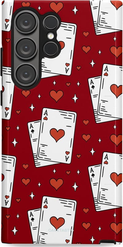 Casetastic hoesje geschikt voor Samsung Galaxy S23 Ultra - Dubbellaagse bescherming - Kaarten Aas - Fashion Case - Bordeaux Wit Zilver