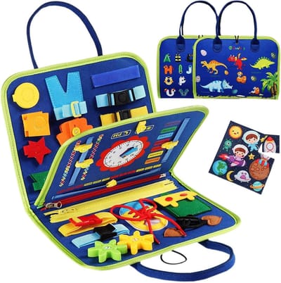 Sensorisch activiteitenboek - Vilt leerbord - Fijne motoriek trainen - Leer vaardigheden - 28 cm groot - Blauw