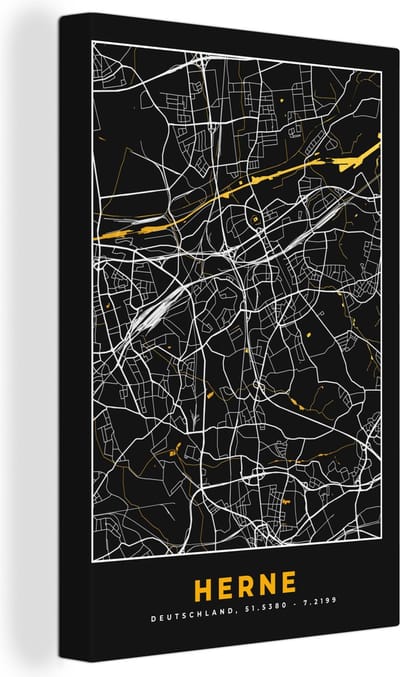 Canvas Schilderij Herne - Stadskaart - Duitsland - Plattegrond - Goud - Kaart - 20x30 cm - Wanddecoratie