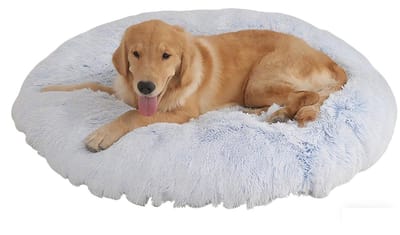 Kalmerend Hondenkussen, Fluffy Plush Ronde Hondendeken Kattendeken voor Bank Bed en Auto, Anti-Slip Onderkant, Wasbaar in de Wasmachine, Comfortabel Zacht en Lichtgewicht, Geschikt voor Kleine en Middelgrote Honden en Katten met Angst, Blauw1 120 CM