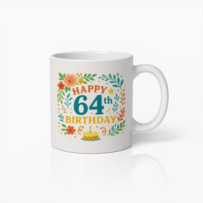 Blije 64e Verjaardag Mok – Kleurrijke Bloemen Koffiebeker met Taart – Uniek Cadeau voor 64 Jaar Verjaardagsfeest