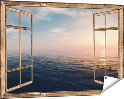 Gards Tuinposter Doorkijk Zee Water tijdens Zonsondergang - 120x80 cm - Tuindoek - Tuindecoratie - Wanddecoratie buiten - Tuinschilderij