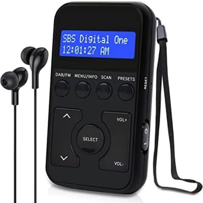 MP1 zak DAB/DAB+ en FM digitale radio, draagbare persoonlijke mini DAB radio met oordopjes, vergrendelbare knoppen, oplaadbare batterij, 20 zendervoorkeuzes - Zwart.