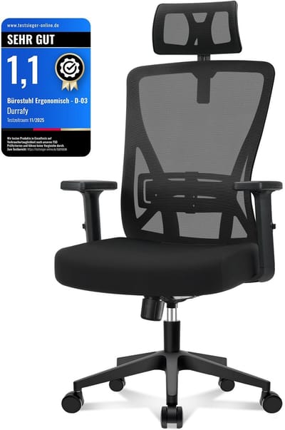 Durrafy Bureaustoel – Verstelbare Hoofdsteun – Ergonomische Bureaustoel – Verstelbare Rugleuning – Voor Volwassenen – Tot 150kg – Office Chair – Ademende Mesh – Zwart
