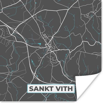 Poster Stadskaart – Grijs - Kaart – Sankt Vith – België – Plattegrond - 100x100 cm XXL
